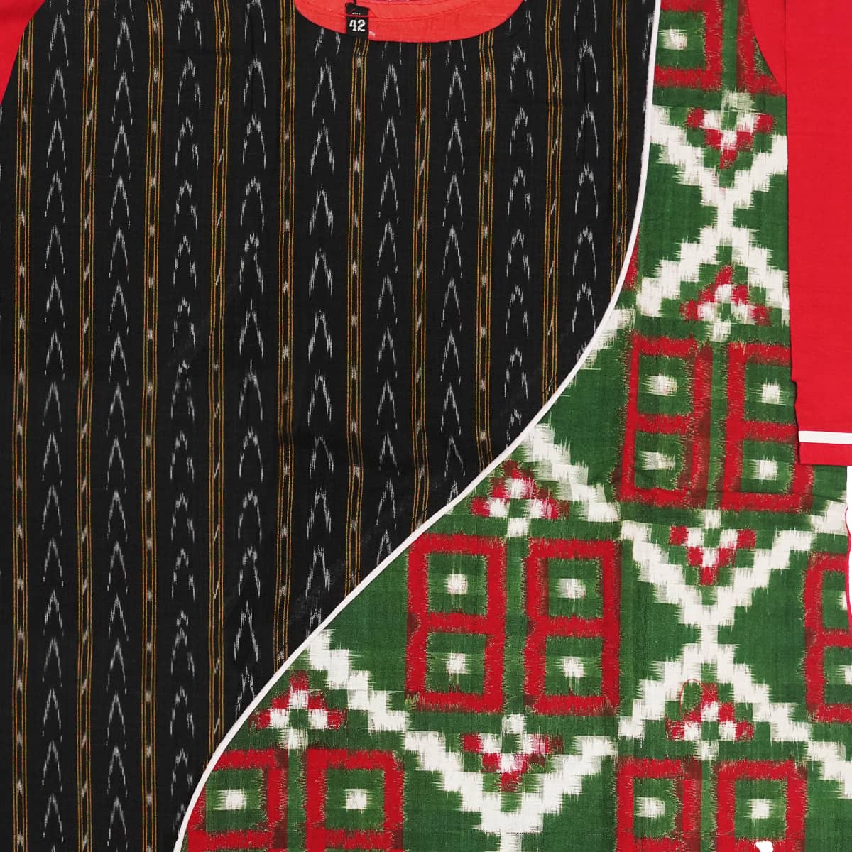 Black, Red and Green Sambalpuri handwoven cotton Kurti