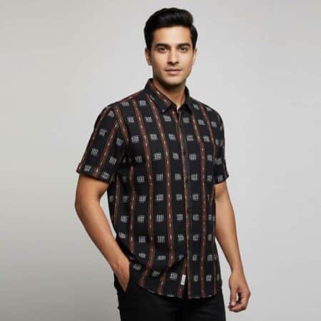 Black – White Sambalpuri Cotton Half Shirt for men