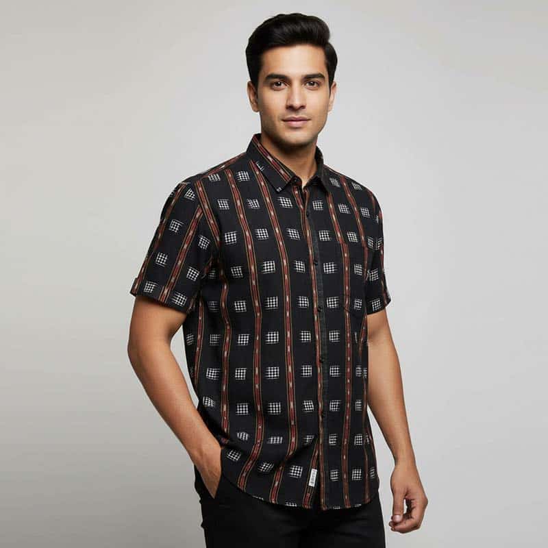Black – White Sambalpuri Cotton Half Shirt for men