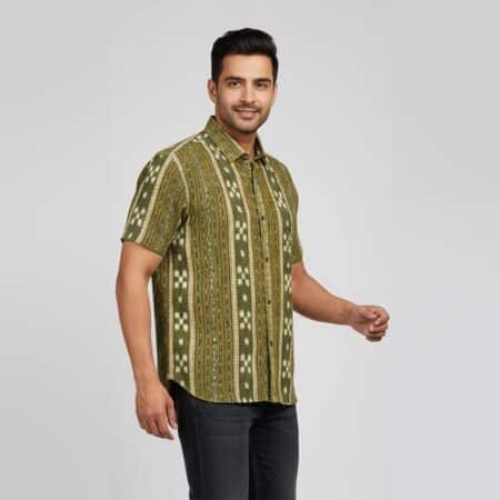 Olive Green Half-sleeve Sambalpuri Cotton Shirt for men