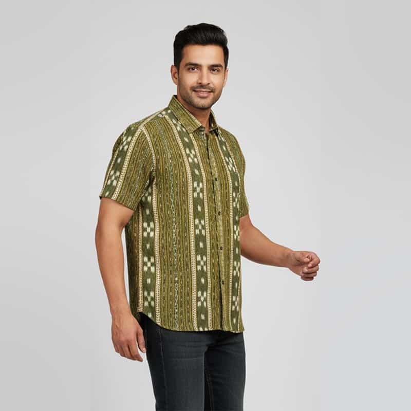 Olive Green Half-sleeve Sambalpuri Cotton Shirt for men