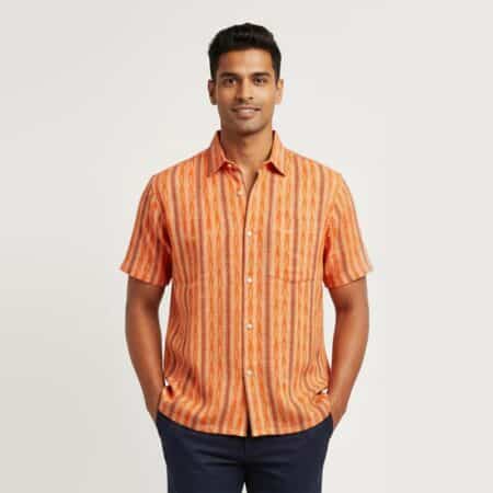 Orange Printed Half-sleeve Sambalpuri Cotton Shirt for men