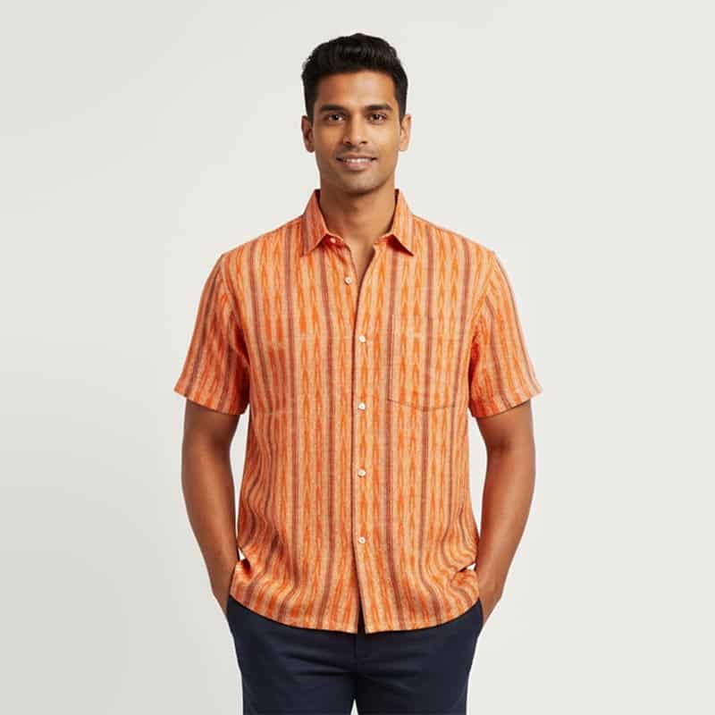 Orange Printed Half-sleeve Sambalpuri Cotton Shirt for men
