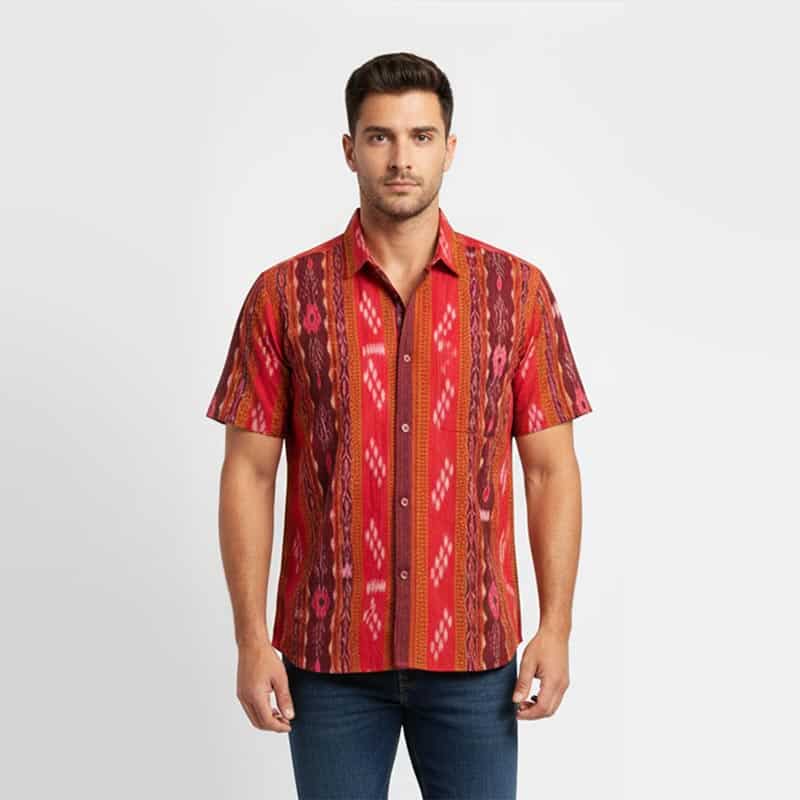 Red-Maroon Floral Striped Sambalpuri Cotton Half Shirt for men