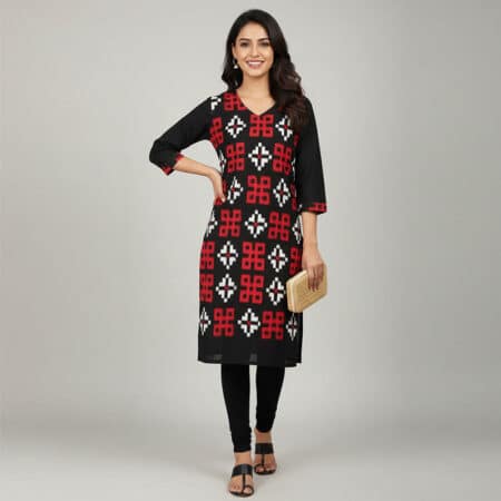 Red, White and Black Sambalpuri cotton Kurti ladies