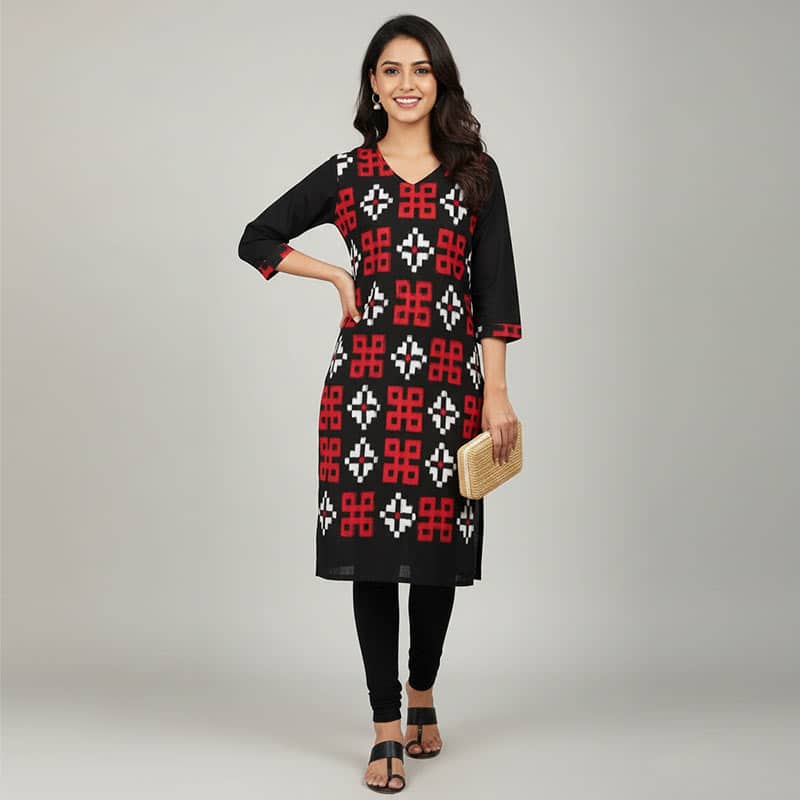 Red, White and Black Sambalpuri cotton Kurti ladies
