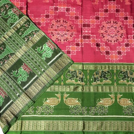 Red and Fluorescent Green Sambalpuri Handwoven Cotton Saree 1