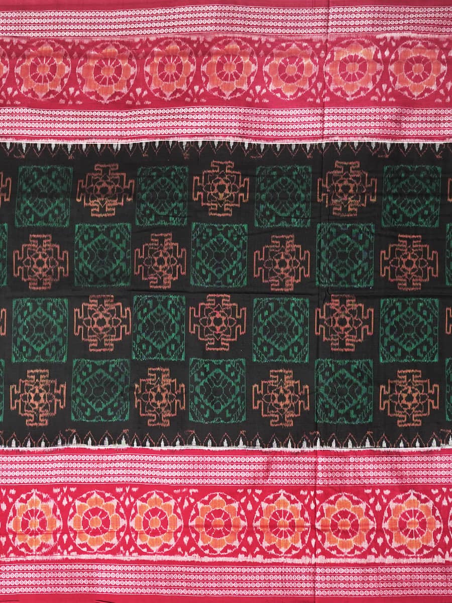 Rich Green, Black and burgundy Sambalpuri Handwoven Cotton Saree