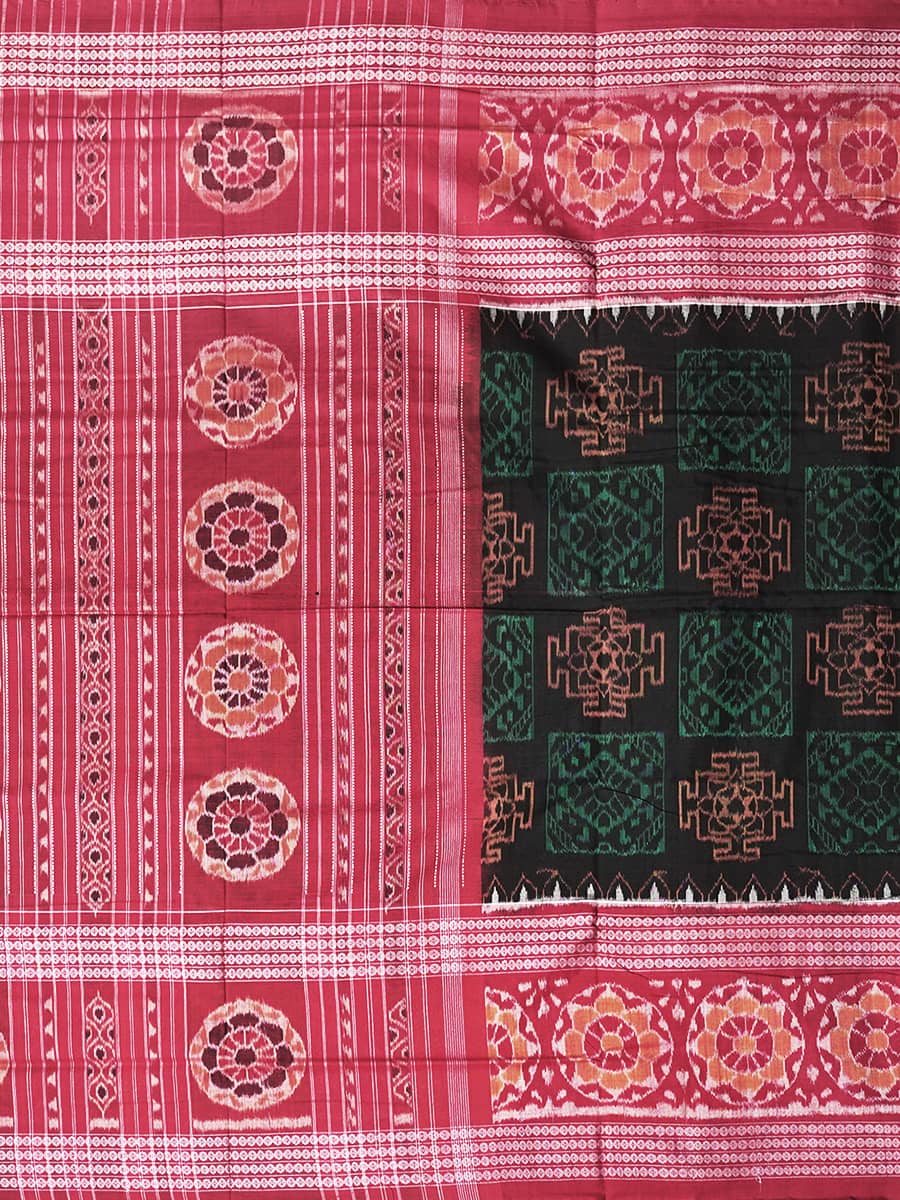 Rich green, Black and burgundy Sambalpuri Handwoven Cotton Saree 3