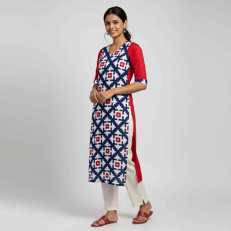 White, Red and Blue Sambalpuri cotton Kurti for ladies