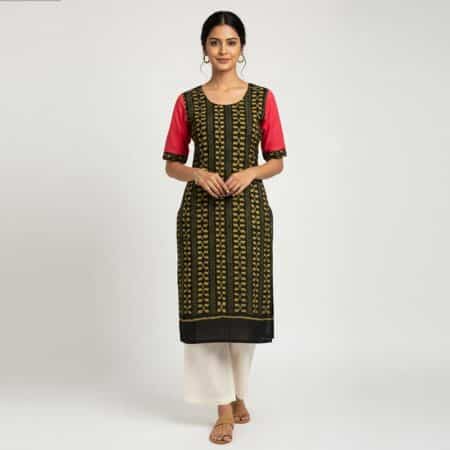 Pink, Black and Lime Yellow cotton Kurti for ladies