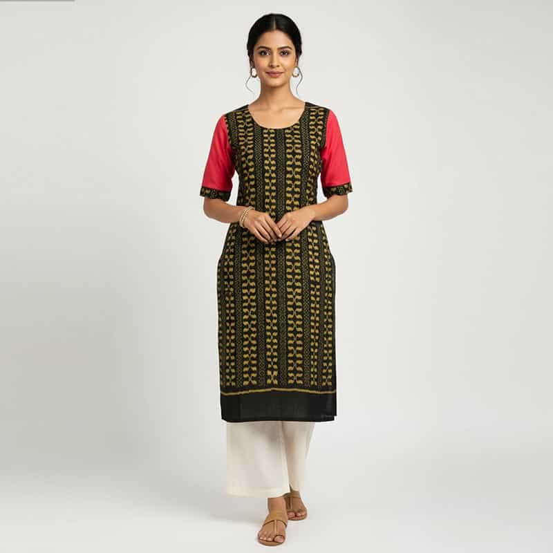 Pink, Black and Lime Yellow cotton Kurti for ladies