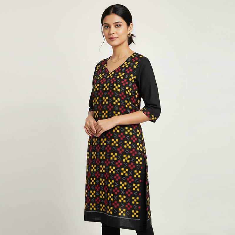 Black Pink and Yellow Cotton Kurti for ladies