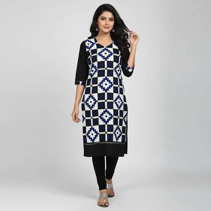 Black and White Cotton Kurti for ladies