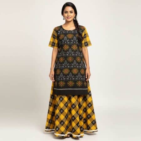 Black and Yellow Cotton Checked Kurti for ladies