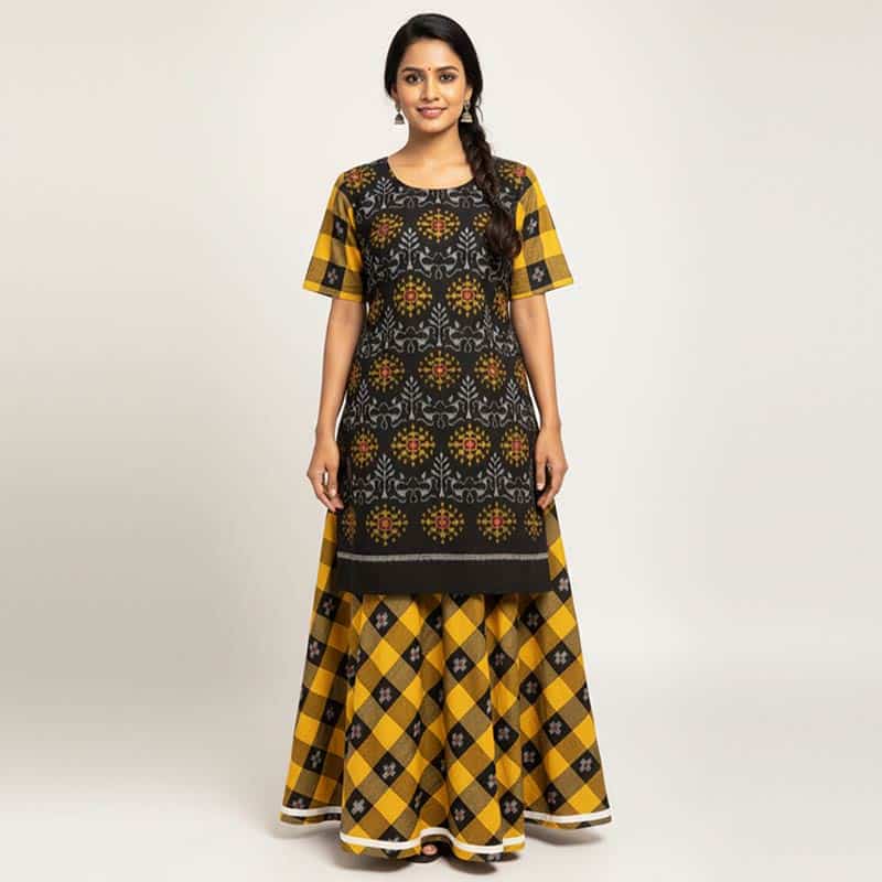 Black and Yellow Cotton Checked Kurti for ladies