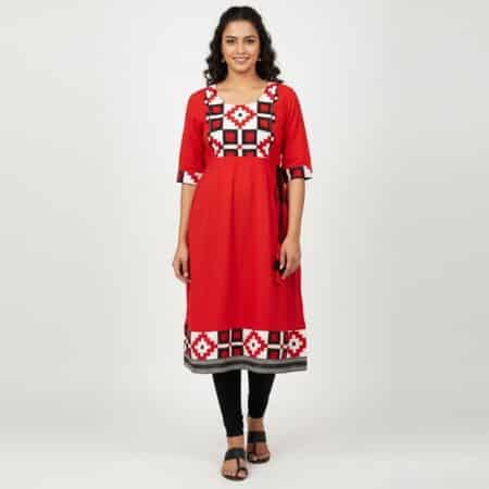 Bright Red and White Cotton Kurti for ladies