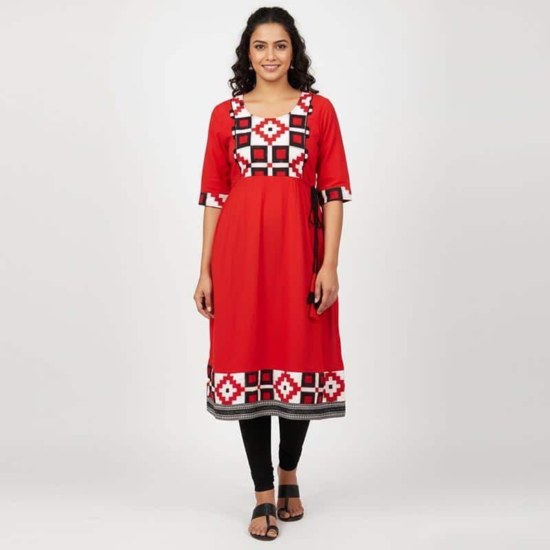 Bright Red and White Cotton Kurti for ladies