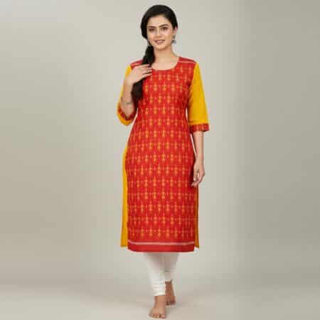 Bright Yellow and Maroon Cotton Kurti for ladies