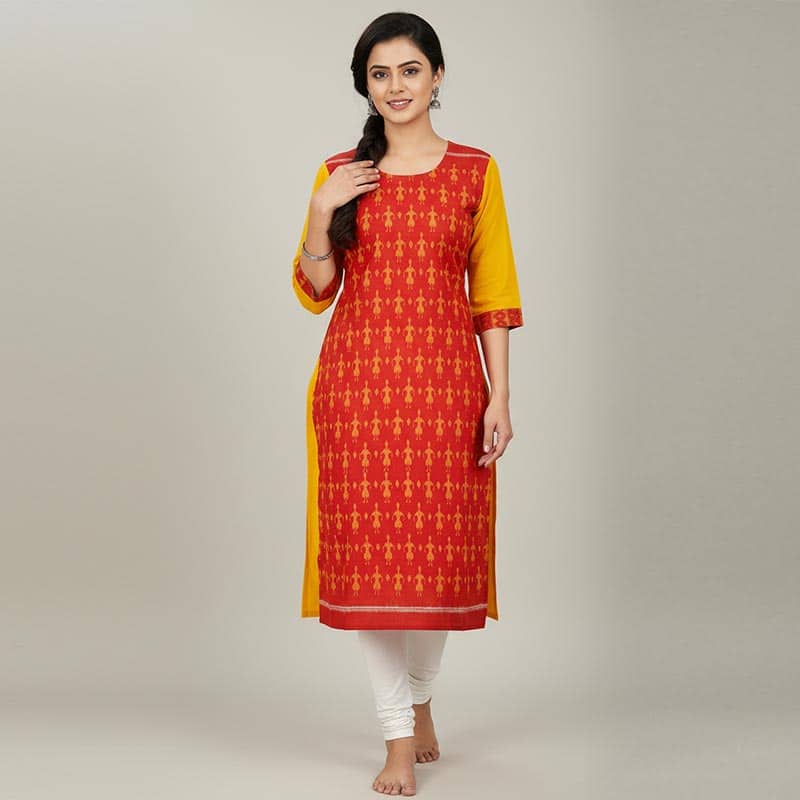 Bright Yellow and Maroon Cotton Kurti for ladies