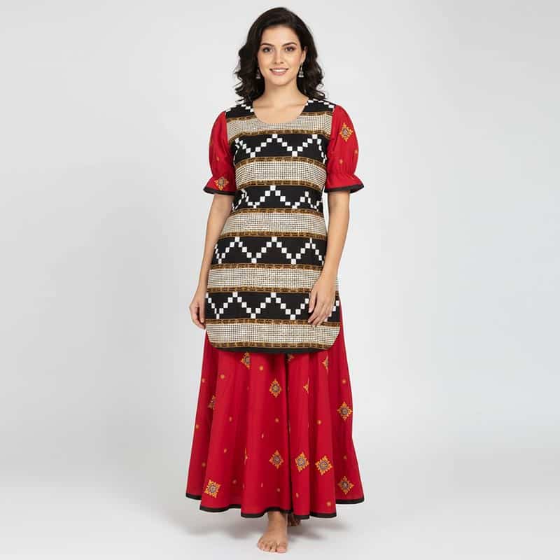 Burgundy and Black Cotton Kurti for ladies