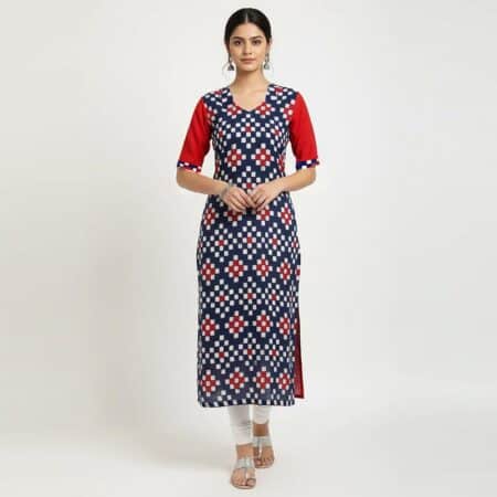 Cadmium Red and Blue Pasa Cotton Kurti for ladies