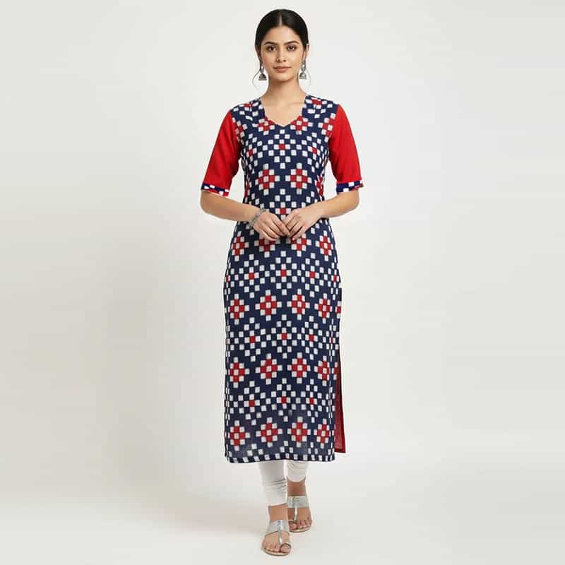 Cadmium Red and Blue Pasa Cotton Kurti for ladies