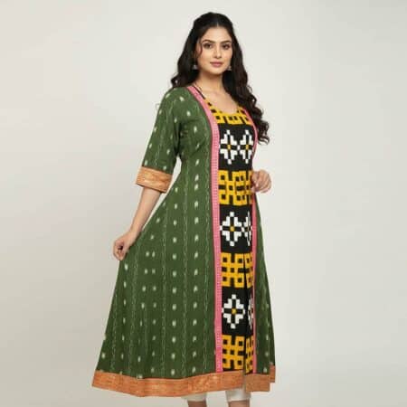 Green and Black Cotton Front Slit Kurti ladies