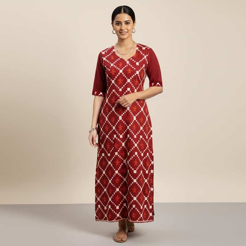 Maroon and White Cotton Kurti ladies