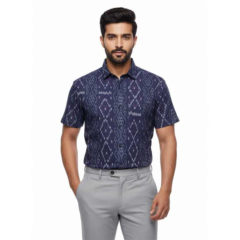 Navy Blue Floral Embroided Sambalpuri Cotton Shirt for men