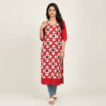 Red and Pearl White Cotton Kurti ladies
