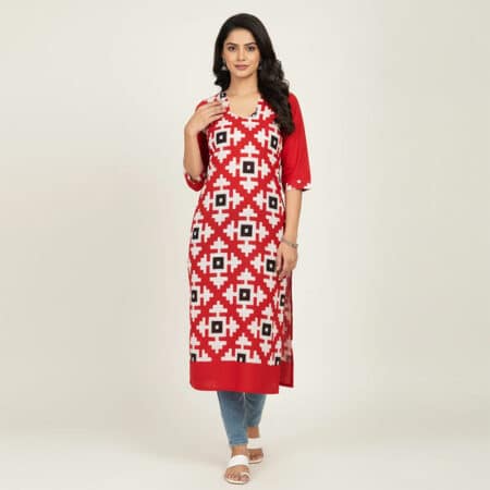 Red and Pearl White Cotton Kurti ladies