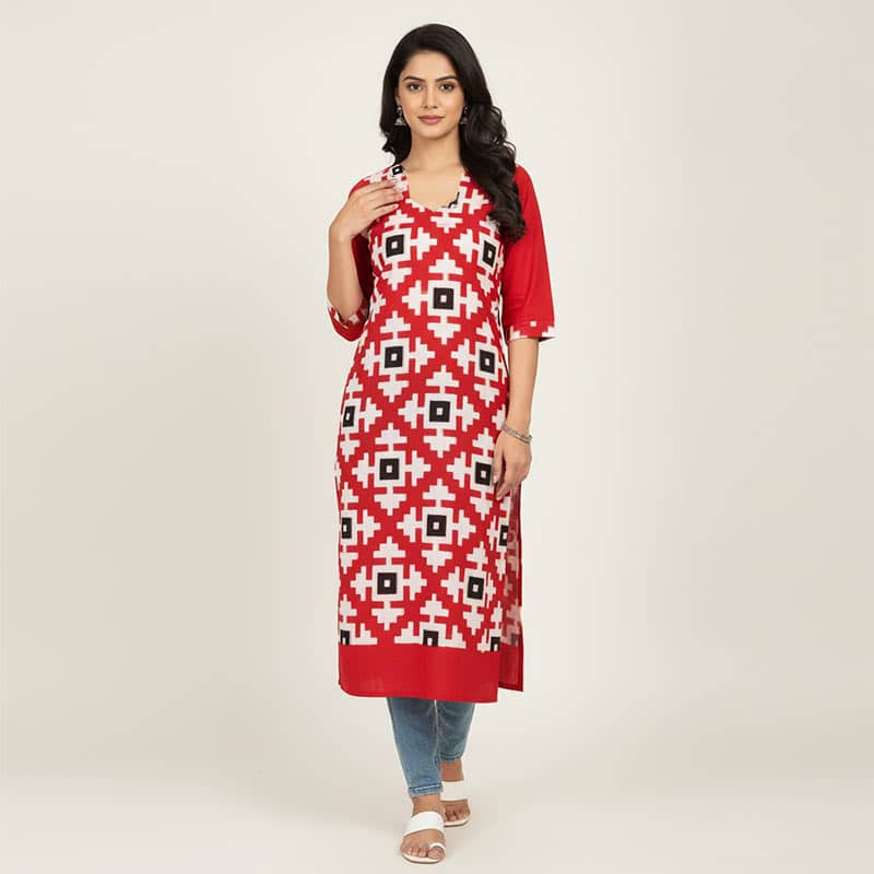 Red and Pearl White Cotton Kurti ladies