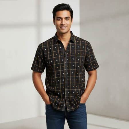 Black Checkered Printed Half-sleeve Sambalpuri Cotton Shirt for men