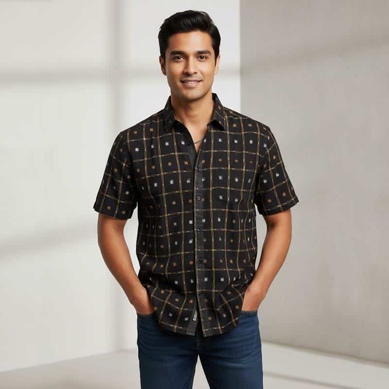 Black Checkered Printed Half-sleeve Sambalpuri Cotton Shirt for men